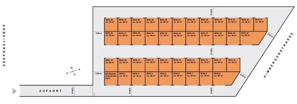 Lageplan Lager mieten Wien – Übersicht von 41 Self Storage Boxen in Leopoldsdorf bei Wien